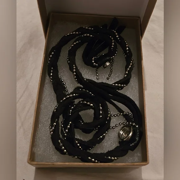 Mexx Vintage Leather & Metal Retro Choker/Bracelet; Black; 15"; Braided; Tassels - Picture 14 of 16